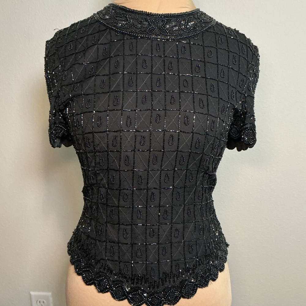 Vintage Black Beaded Short Sleeve Women's Top - Picture 2 of 12